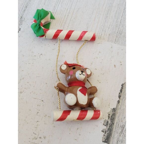 Vintage candy cane swing teddy bear wooden ornament Xmas decor - Picture 2 of 3